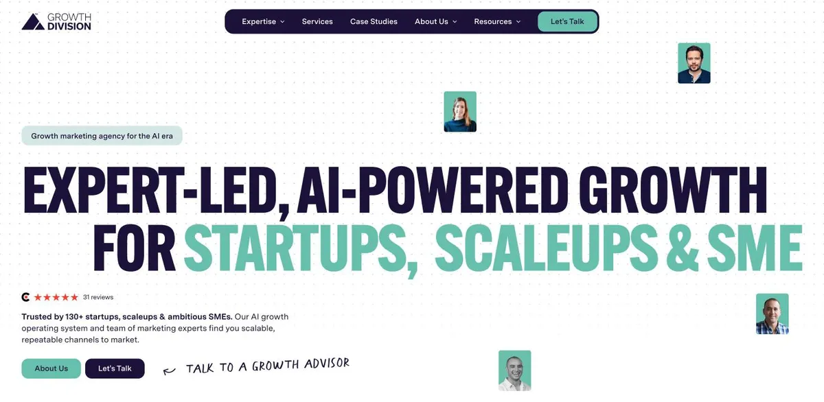 Screenshot of the Growth Division homepage (growth-division.com), October 2026