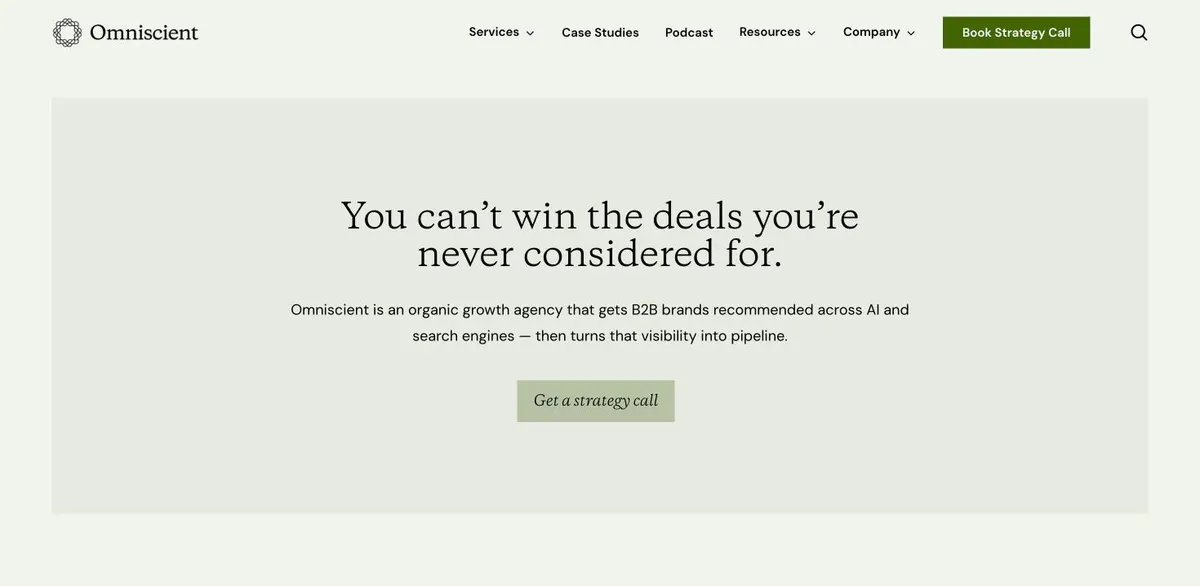 Screenshot of the Omniscient Digital homepage (beomniscient.com), October 2026