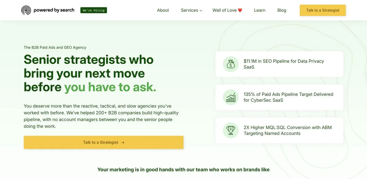 Screenshot of the Powered by Search homepage (poweredbysearch.com), October 2026