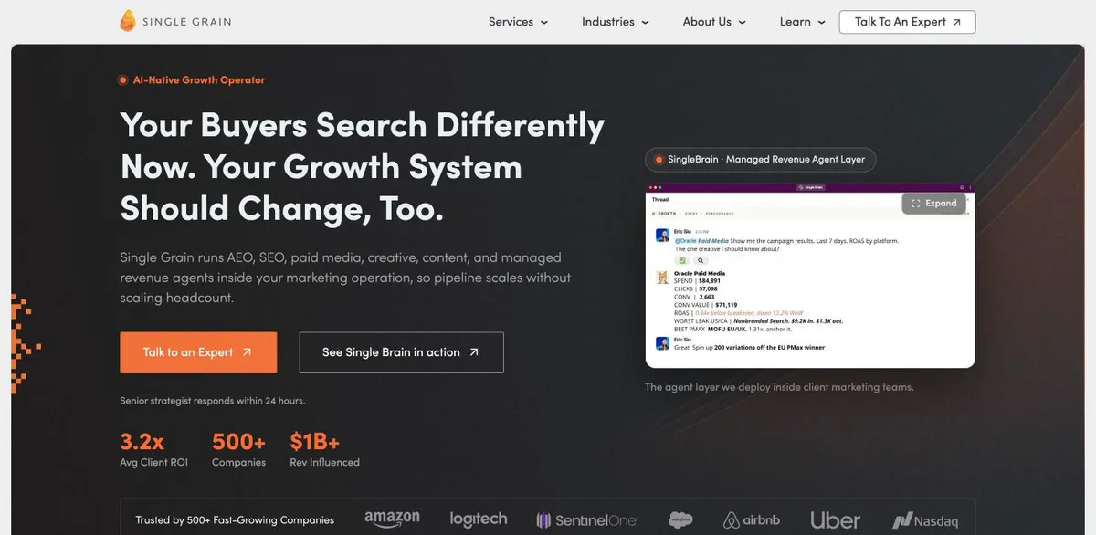 Screenshot of the Single Grain homepage (singlegrain.com), October 2026